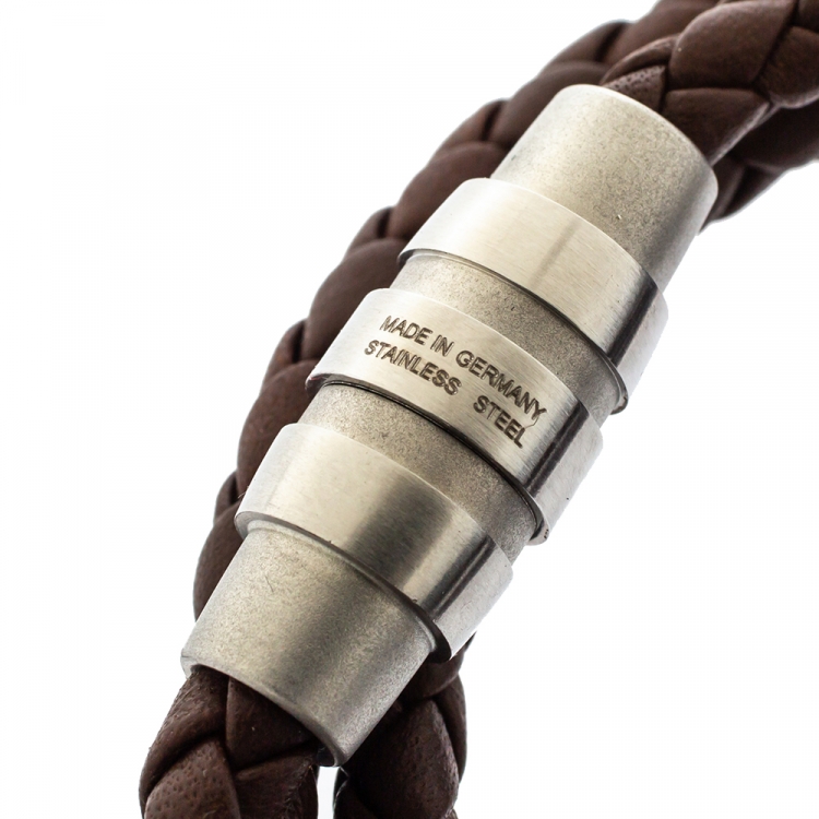 Pre Owned Porsche Design Grooves Brown Leather Stainless Steel Triple Wrap Bracelet