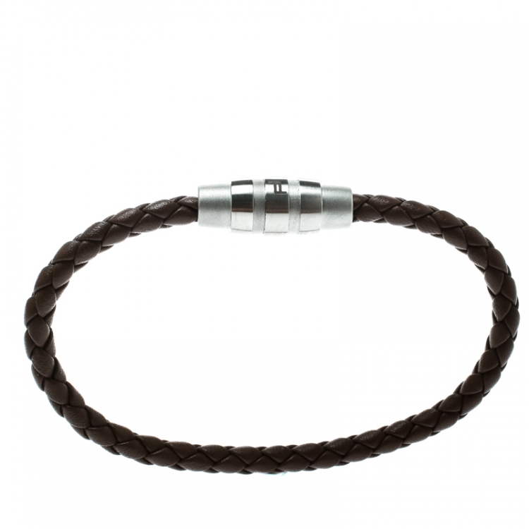 Pre Owned Porsche Design Grooves Brown Braided Leather Stainless Steel Bracelet