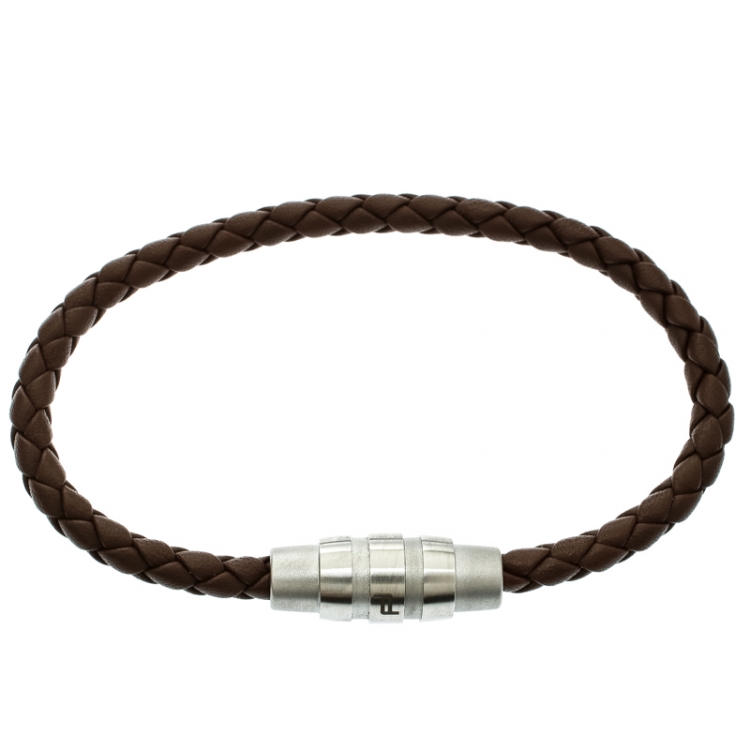 Pre Owned Porsche Design Grooves Brown Braided Leather Stainless Steel Bracelet