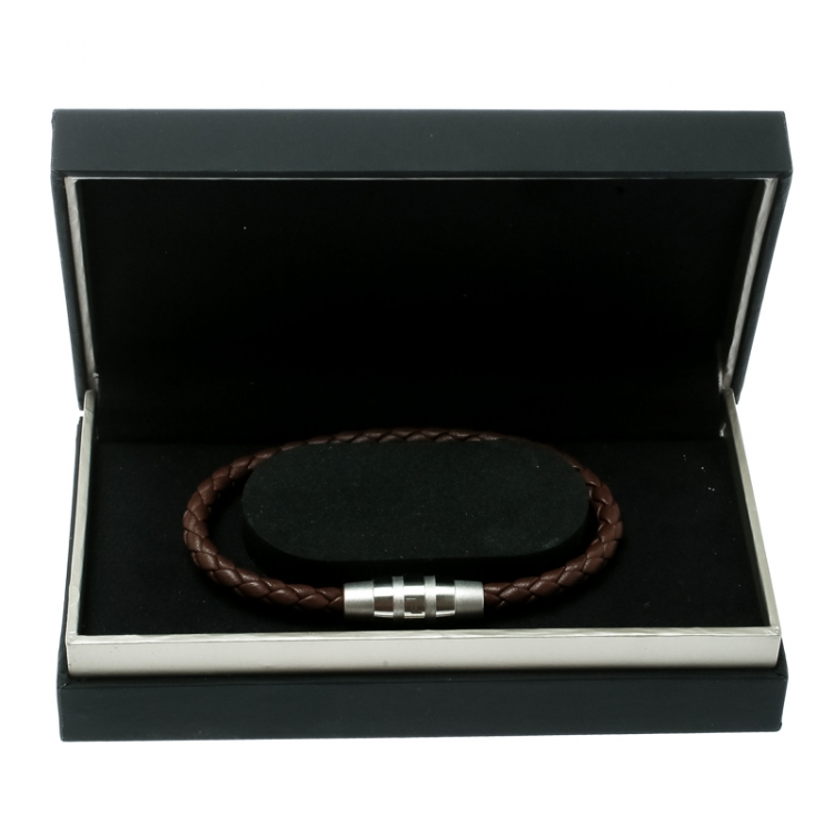 Pre Owned Porsche Design Grooves Brown Braided Leather Stainless Steel Bracelet