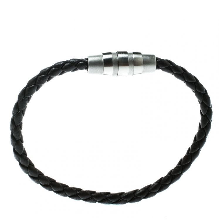 Pre Owned Porsche Design Grooves Brown Braided Leather Stainless Steel Bracelet