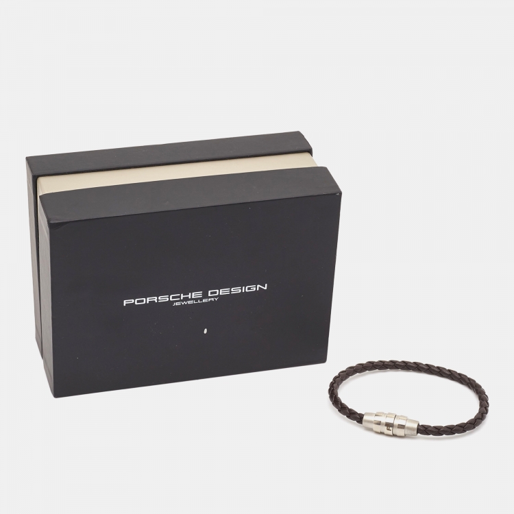Pre Owned Porsche Design Grooves Brown Braided Leather Stainless Steel Bracelet