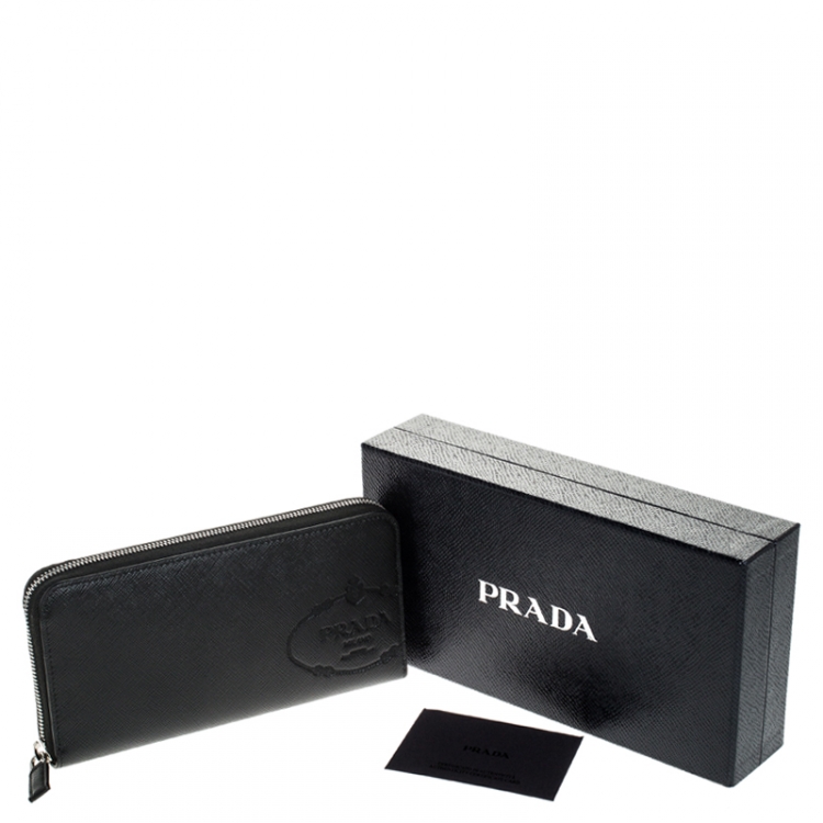 Pre Owned Prada Black Saffiano Leather Zip Around Wallet