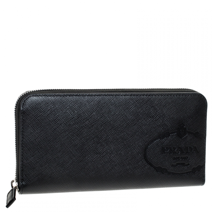 Pre Owned Prada Black Saffiano Leather Zip Around Wallet