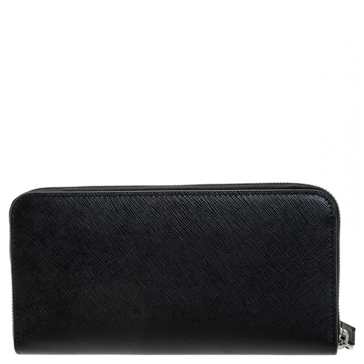 Pre Owned Prada Black Saffiano Leather Zip Around Wallet
