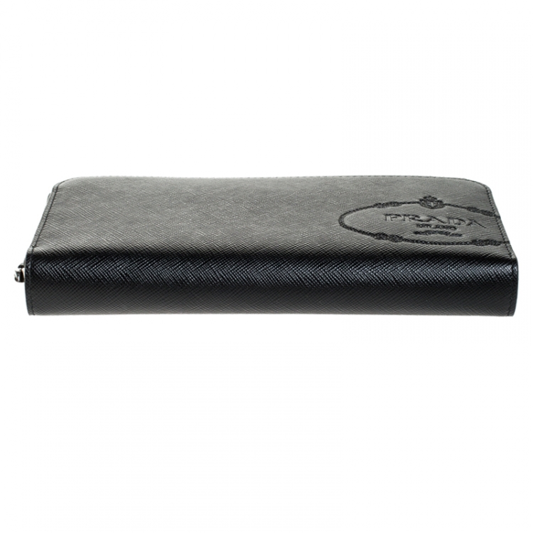 Pre Owned Prada Black Saffiano Leather Zip Around Wallet