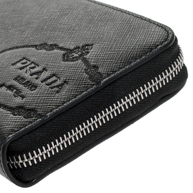 Pre Owned Prada Black Saffiano Leather Zip Around Wallet
