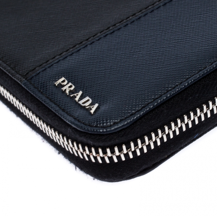 Pre Owned Prada Black/Blue Saffiano Leather Zip Around Organizer