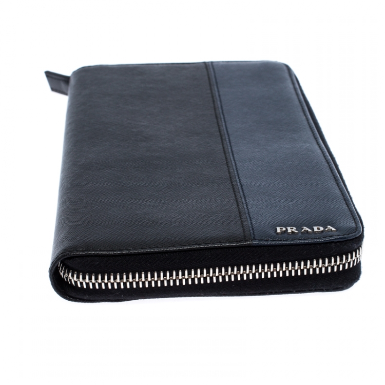 Pre Owned Prada Black/Blue Saffiano Leather Zip Around Organizer