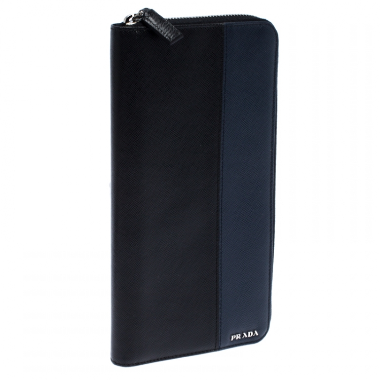 Pre Owned Prada Black/Blue Saffiano Leather Zip Around Organizer
