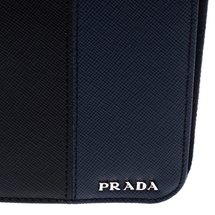 Pre Owned Prada Black/Blue Saffiano Leather Zip Around Organizer