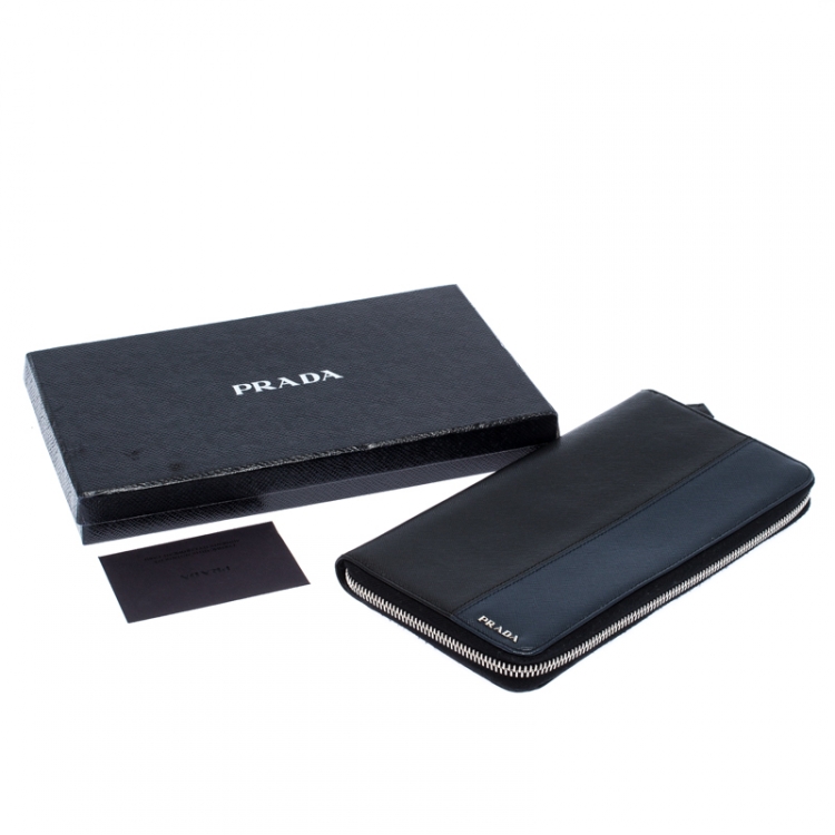 Pre Owned Prada Black/Blue Saffiano Leather Zip Around Organizer
