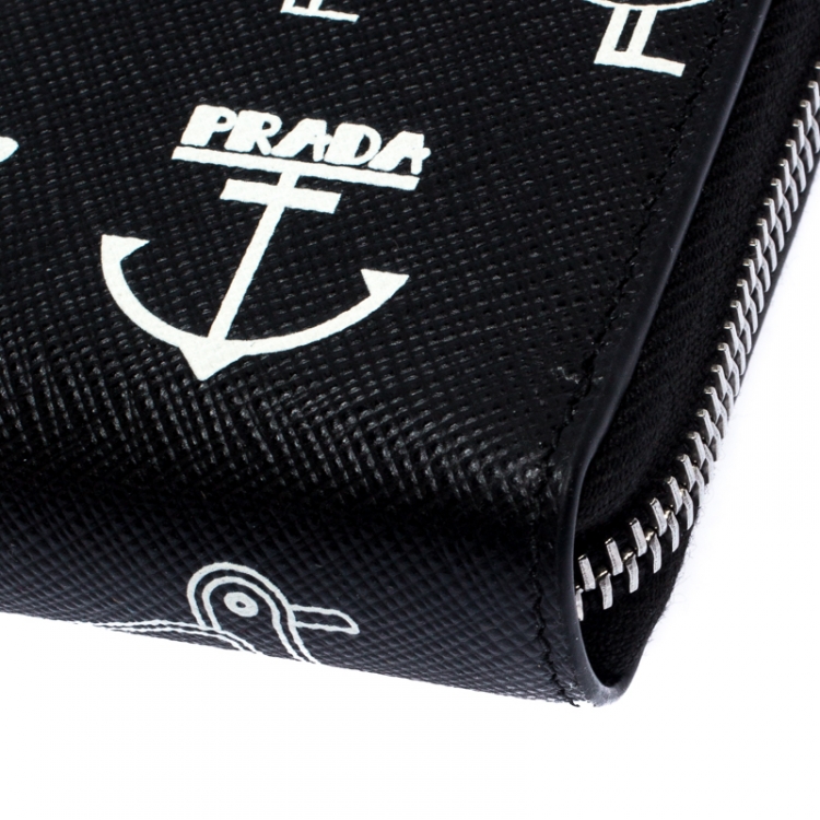Pre Owned Prada Black/White  Seagull Print Saffiano Leather Zip Around Wallet