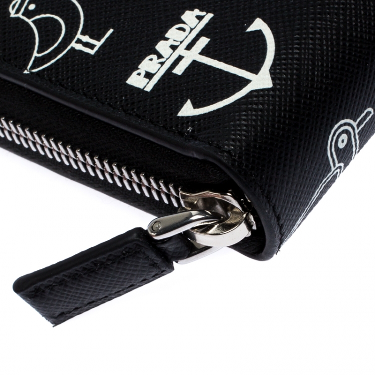 Pre Owned Prada Black/White  Seagull Print Saffiano Leather Zip Around Wallet