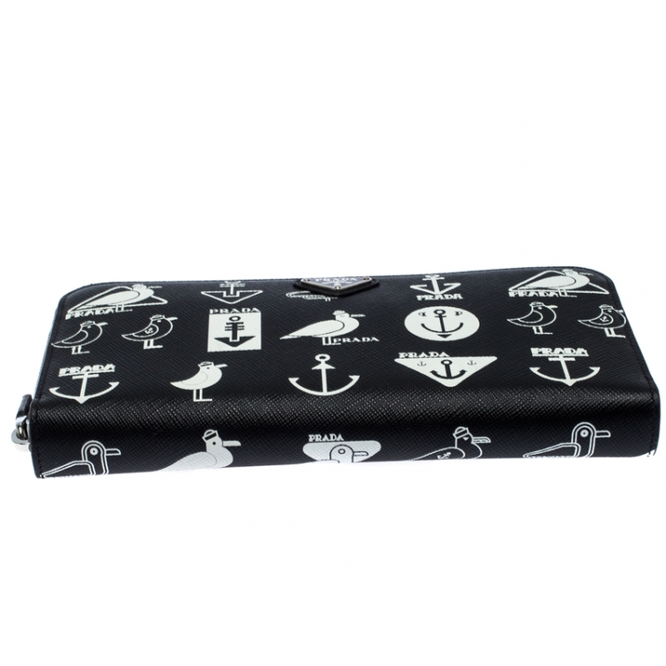 Pre Owned Prada Black/White  Seagull Print Saffiano Leather Zip Around Wallet