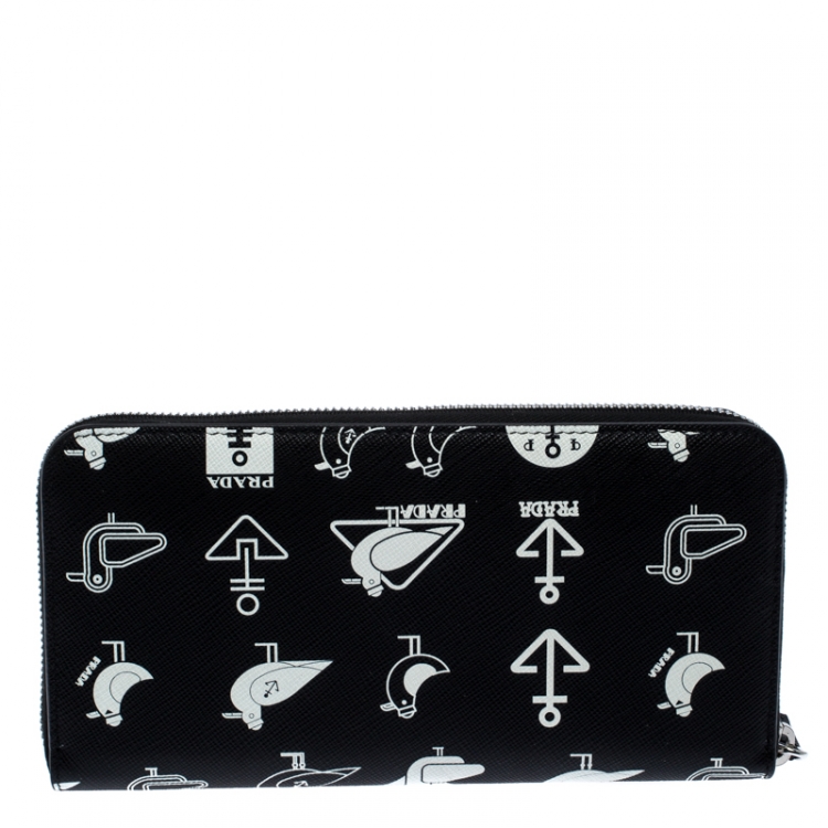 Pre Owned Prada Black/White  Seagull Print Saffiano Leather Zip Around Wallet