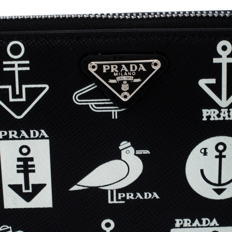 Pre Owned Prada Black/White  Seagull Print Saffiano Leather Zip Around Wallet