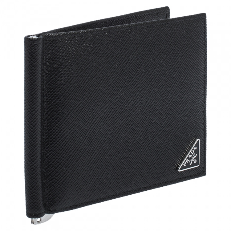 Pre Owned Prada Black Saffiano Lux Leather Money Clip Wallet