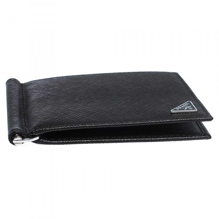Pre Owned Prada Black Saffiano Lux Leather Money Clip Wallet