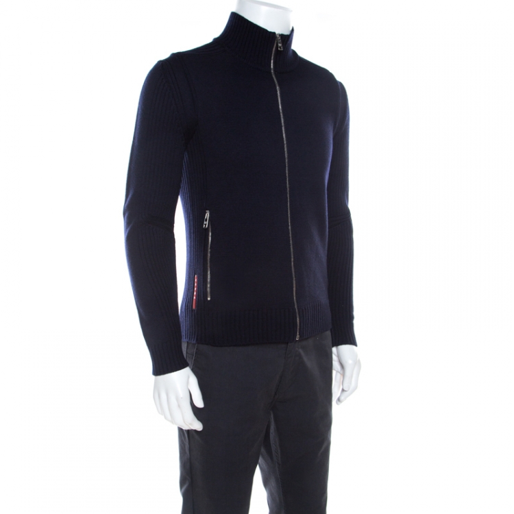 Pre Owned Prada Navy Blue Ribbed Wool Zip Front Jacket S