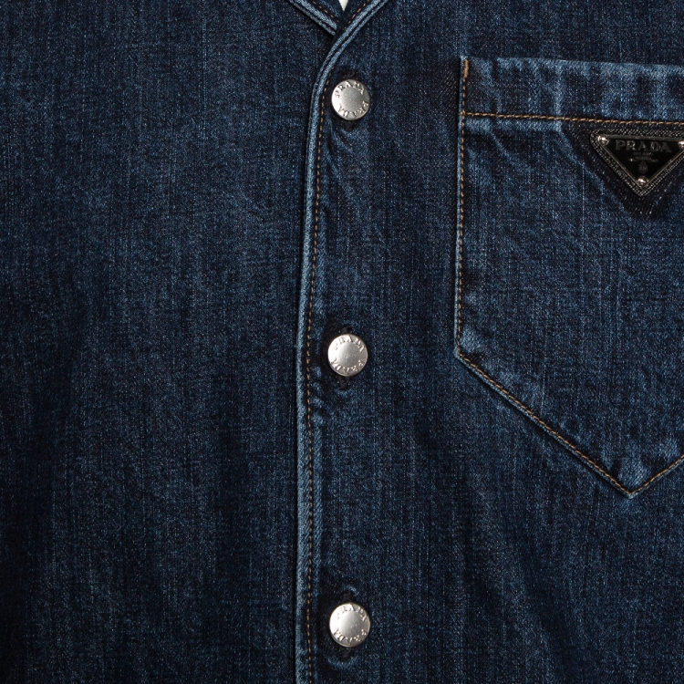 Pre Owned Prada Indigo Denim Logo Plaque Detail Bowling Shirt M