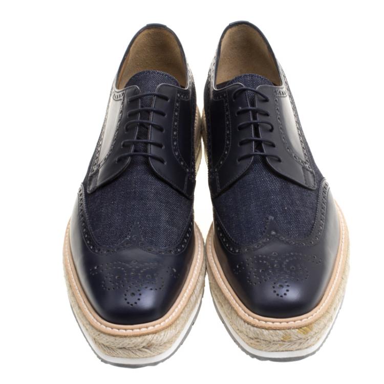 Pre Owned Prada Blue Denim And Brogue Wingtip Leather Espadrille Derby Size 44