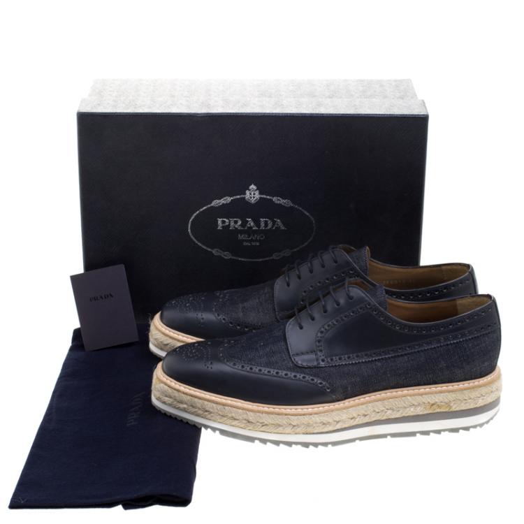 Pre Owned Prada Blue Denim And Brogue Wingtip Leather Espadrille Derby Size 44