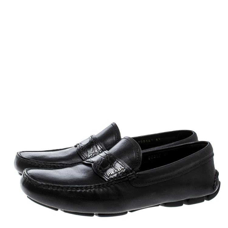 Pre Owned Prada Black Leather and Croc Trim Penny Loafers Size 40.5