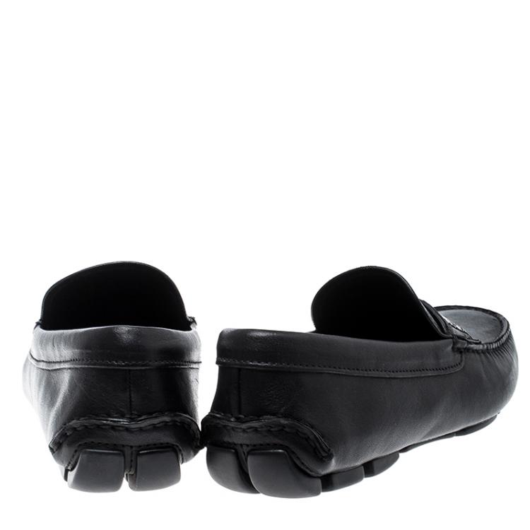 Pre Owned Prada Black Leather and Croc Trim Penny Loafers Size 40.5