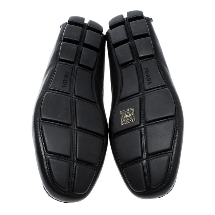 Pre Owned Prada Black Leather and Croc Trim Penny Loafers Size 40.5