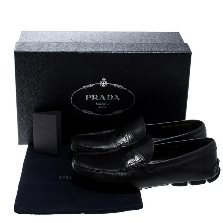 Pre Owned Prada Black Leather and Croc Trim Penny Loafers Size 40.5