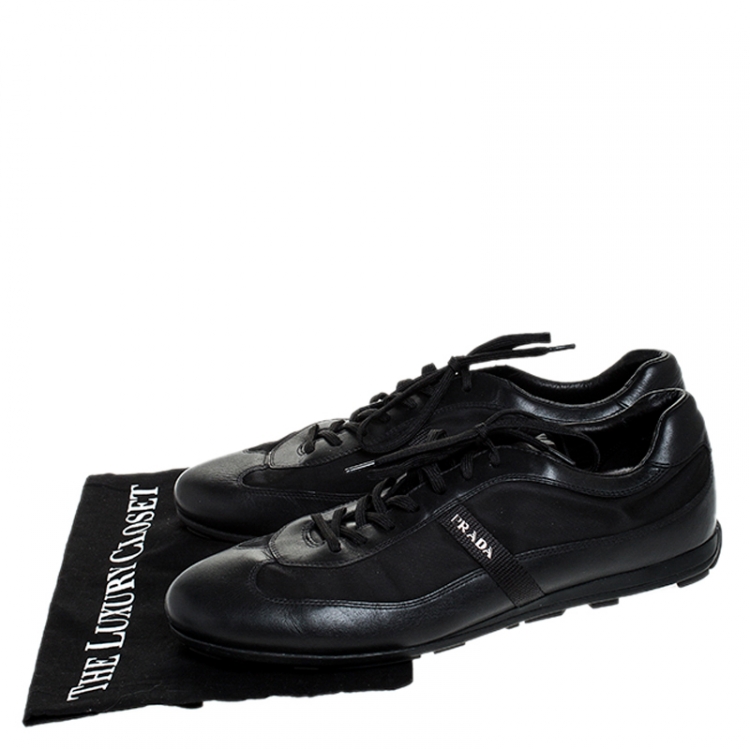Pre Owned Prada Black Leather And Nylon Lace Up Sneakers Size 44