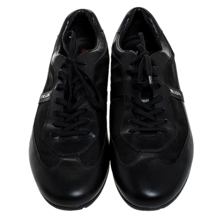 Pre Owned Prada Black Leather And Nylon Lace Up Sneakers Size 44