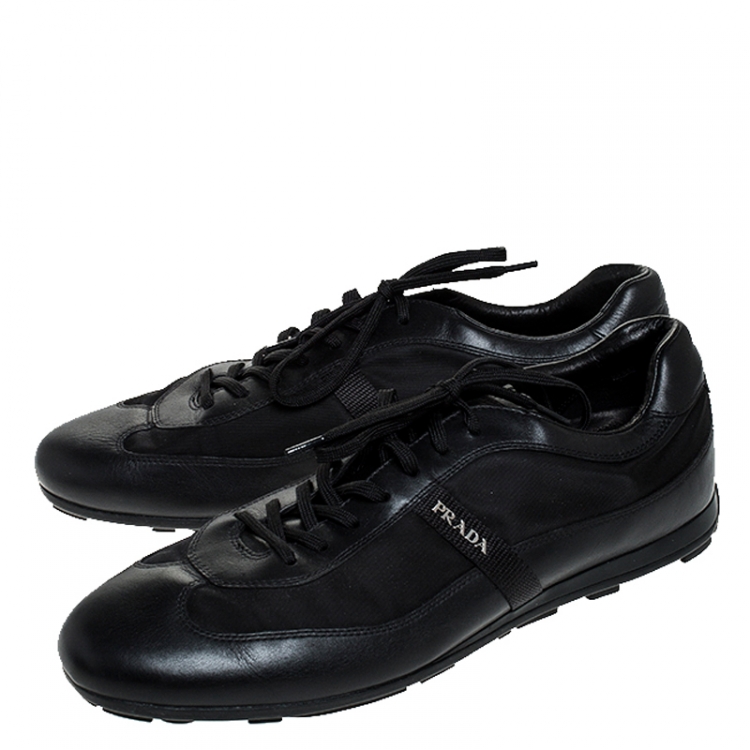Pre Owned Prada Black Leather And Nylon Lace Up Sneakers Size 44