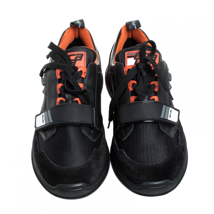 Pre Owned Prada Two Tone Mechano Leather, Mesh And Suede Platform Sneakers Size 43.5