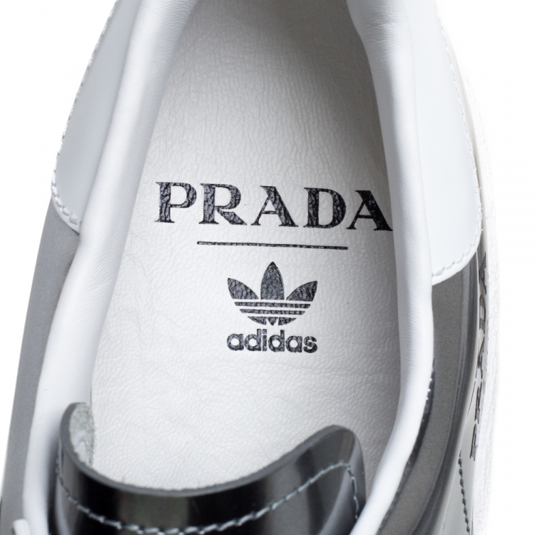 مملوكة مسبقًا Prada x Adidas Silver/White Leather Superstar Low Top Sneakers Size 44 2/3