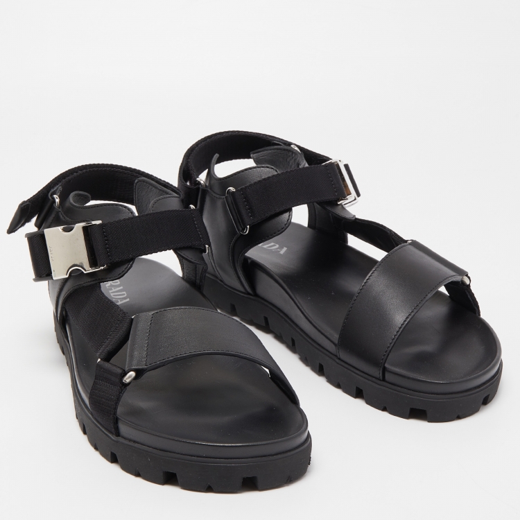 Pre Owned Prada Black Leather Tape Strap Flat Sandals Size 45