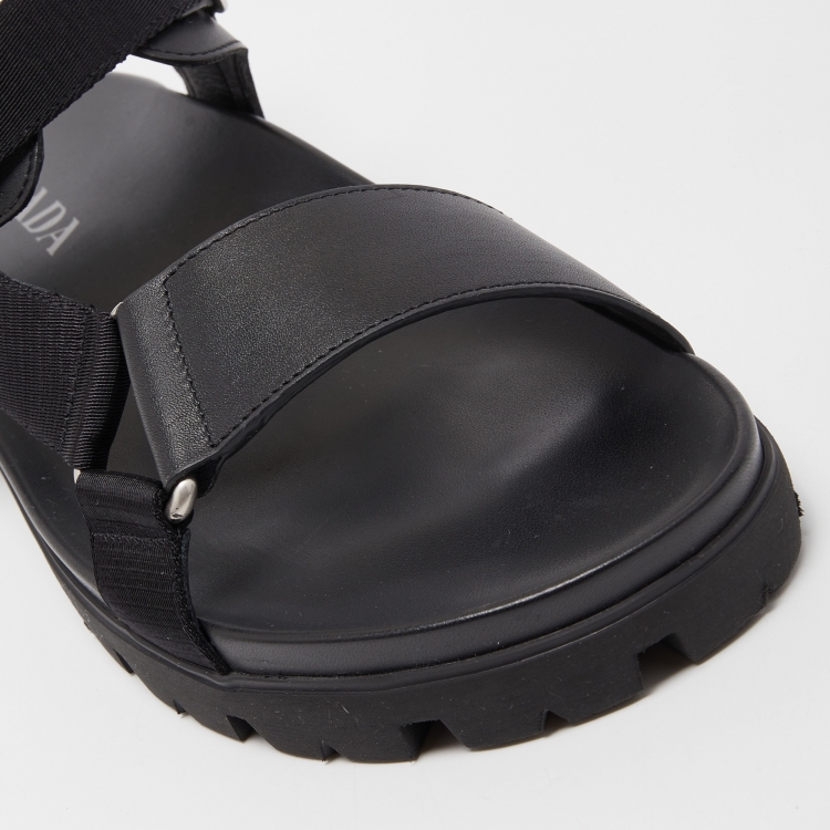 Pre Owned Prada Black Leather Tape Strap Flat Sandals Size 45