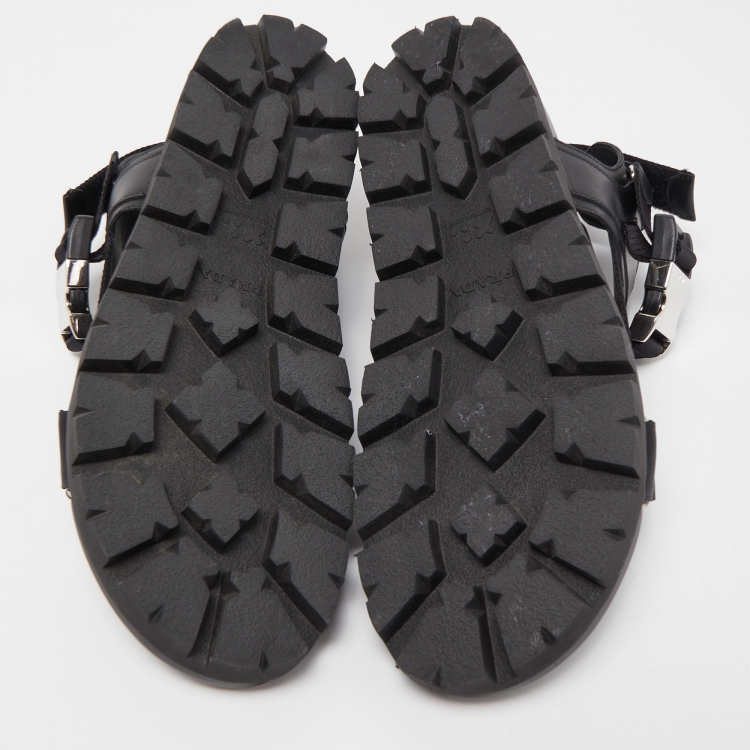 Pre Owned Prada Black Leather Tape Strap Flat Sandals Size 45