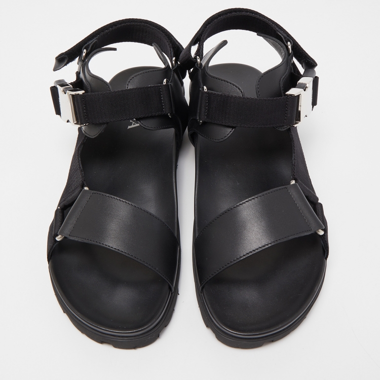 Pre Owned Prada Black Leather Tape Strap Flat Sandals Size 45