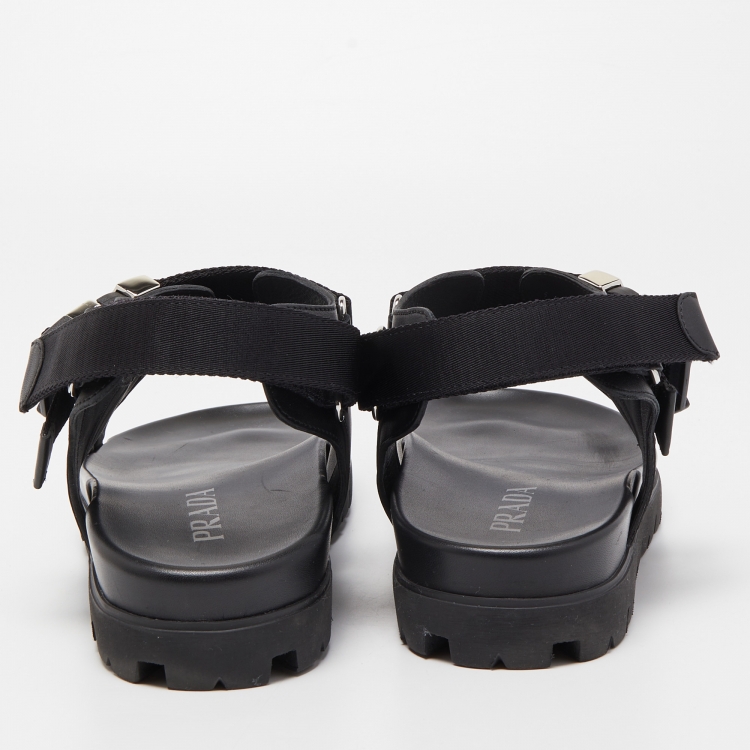 Pre Owned Prada Black Leather Tape Strap Flat Sandals Size 45