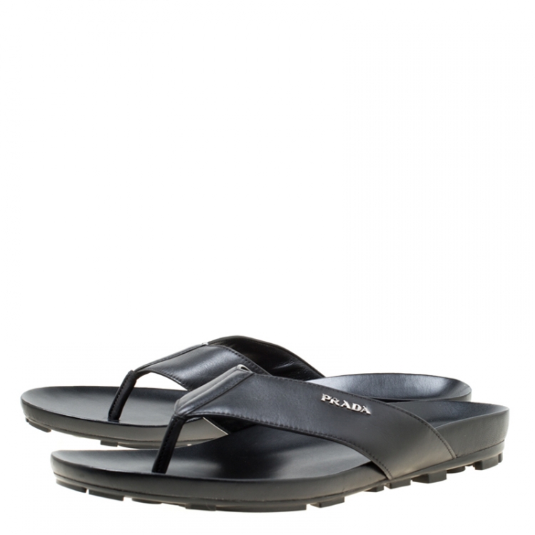 Pre Owned Prada Sport Black Leather Thong Sandals Size 45