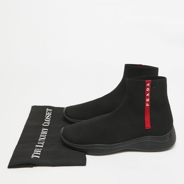 Pre Owned Prada Sport Black Knit Fabric High Top Sneakers Size 42.5