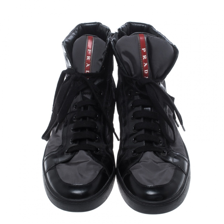 Pre Owned Prada Grey/Black Nylon and Leather High Top Lace Up Sneakers Size 44