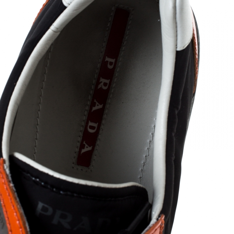 Pre Owned Prada Sport Black/Orange Nylon and Patent Leather Lace Up Low Top Sneakers Size 45