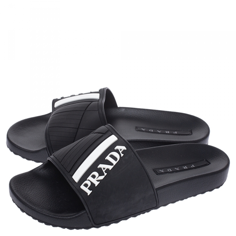 Pre Owned Prada Sport Black Rubber White Logo Embossed Pool Slides Size 41