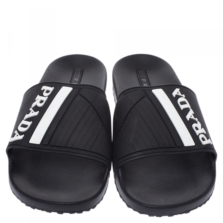 Pre Owned Prada Sport Black Rubber White Logo Embossed Pool Slides Size 41