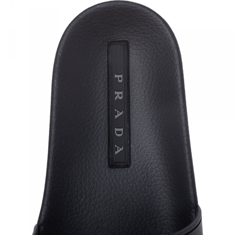 Pre Owned Prada Sport Black Rubber White Logo Embossed Pool Slides Size 41