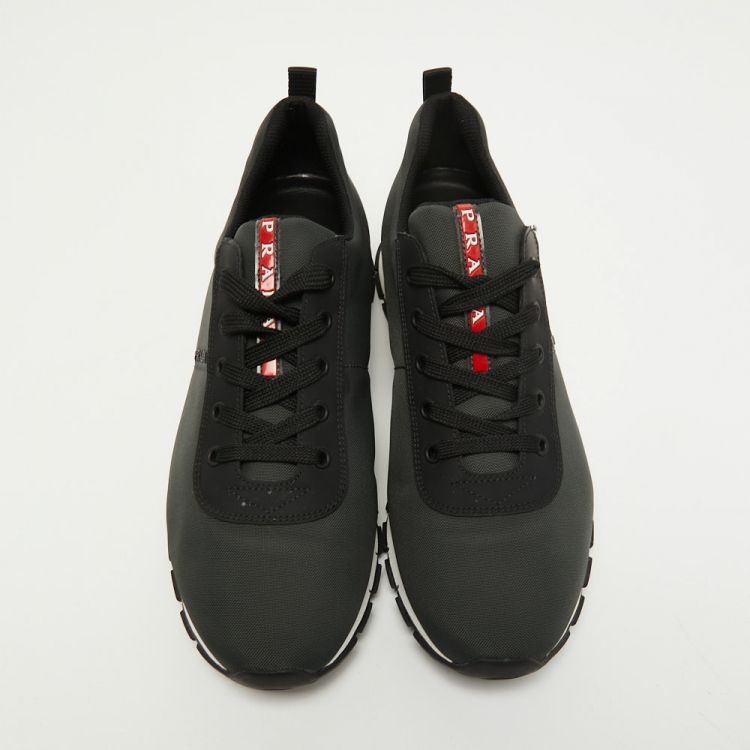Pre Owned Prada Sport Dark Green/Black Canvas and Leather Low Top Sneakers Size 43.5 