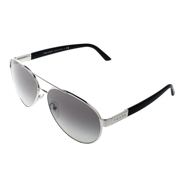 Pre Owned Prada Silver/Black SPR 59N Aviator Sunglasses